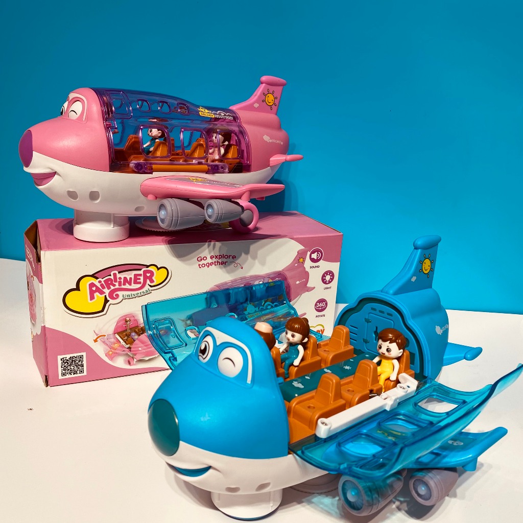 Đồ Chơi Máy Bay Chạy Pin Cho Bé - Gập Mở Cánh Tự Động, Xoay Tròn, Kèm 3 Sticker Nhân Vật