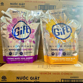 Thùng (4 túi) nước giặt Gift 3kg6 hương Ambery (Hồng), hương ellie (vàng) Nano bạc khử mùi, khử khuẩn 99,9%