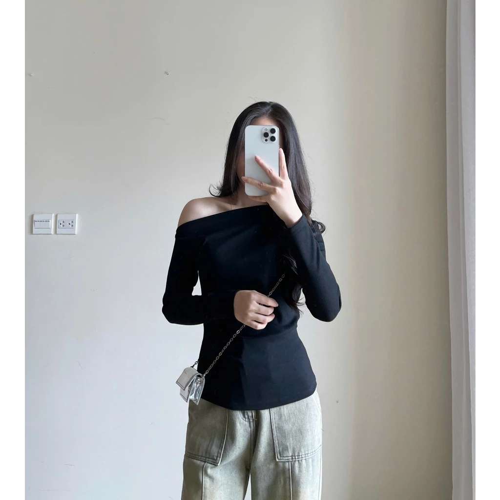 Áo thun lệch vai dài tay nhún eo chất tăm dày Bun222 | BigBuy360 - bigbuy360.vn