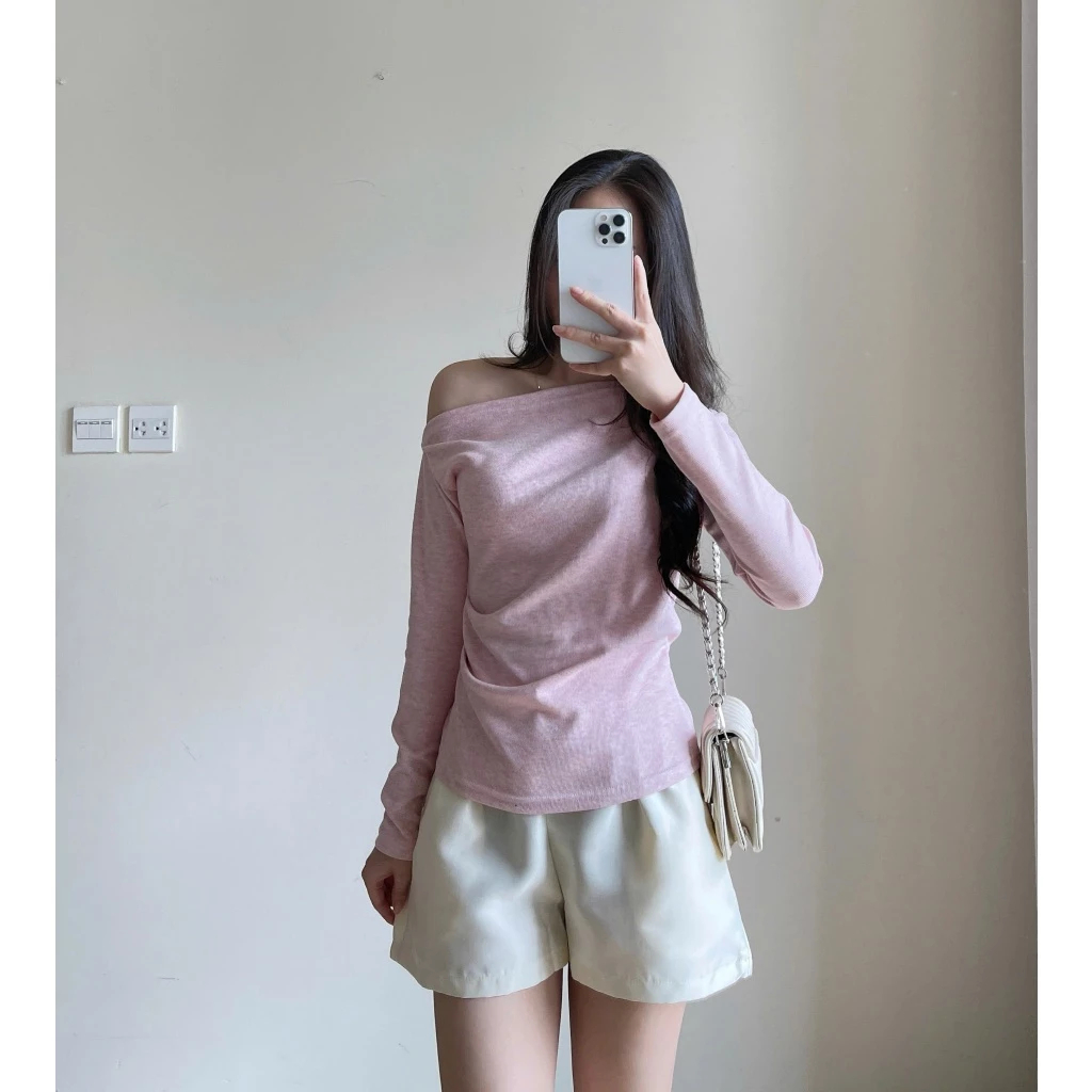Áo thun lệch vai dài tay nhún eo chất tăm dày Bun222 | BigBuy360 - bigbuy360.vn