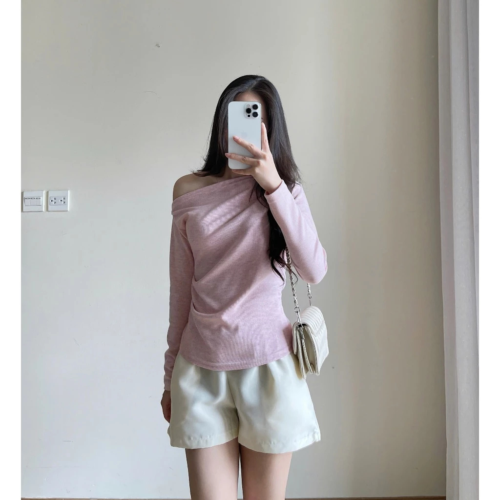 Áo thun lệch vai dài tay nhún eo chất tăm dày Bun222 | BigBuy360 - bigbuy360.vn