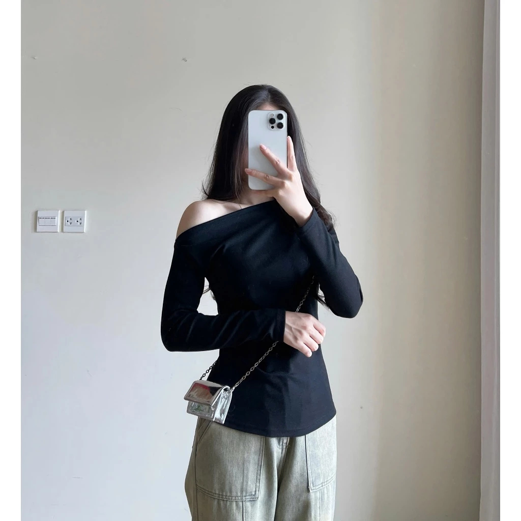 Áo thun lệch vai dài tay nhún eo chất tăm dày Bun222 | BigBuy360 - bigbuy360.vn