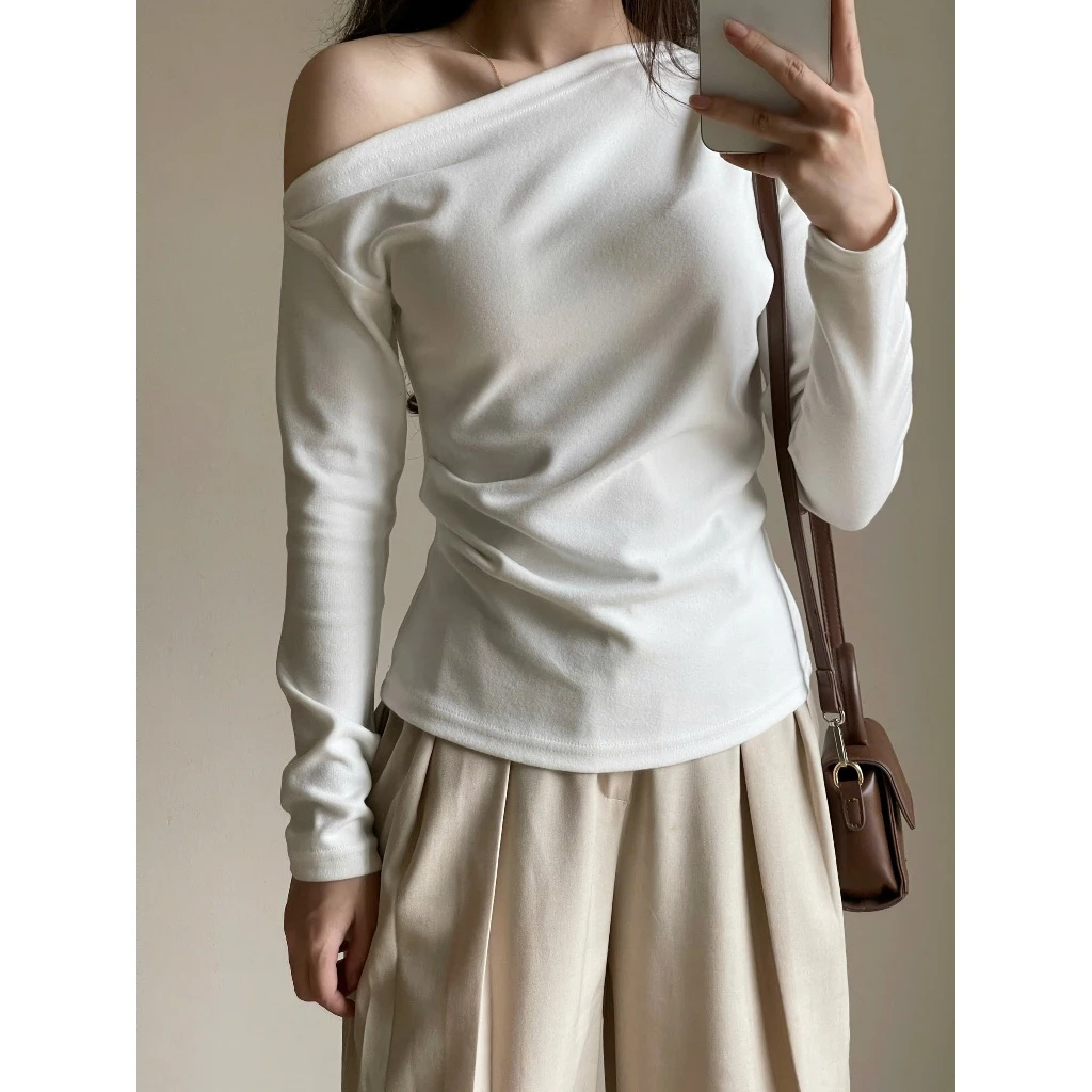 Áo thun lệch vai dài tay nhún eo chất tăm dày Bun222 | BigBuy360 - bigbuy360.vn