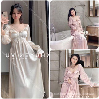 Váy ngủ lụa phối ren bèo tiểu thư tay dài kèm mút ngực Sx 201 MIEMMOC chuẩn hàng QCCC - ( video+ảnh thật)