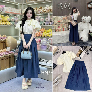 Set Váy Nữ - Đồ Công Sở Áo Nude Có Nơ Mix Chân Váy Midi Sang Trọng Xinh Mê Ngọc Tuấn Store