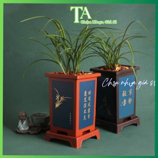 Chậu nhựa trồng cây bonsai giả gốm Cao Cấp, Chậu cây cảnh để bàn in hoa văn cổ Nhập Khẩu hàng dày,đẹp