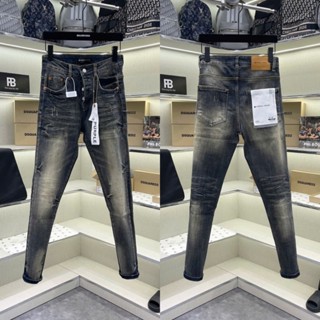 Quần jean bò nam Purple skinny trơn wash xanh bụi cào xước dập nhăn loang 4 cúc mác lụa boy phố QJ598P