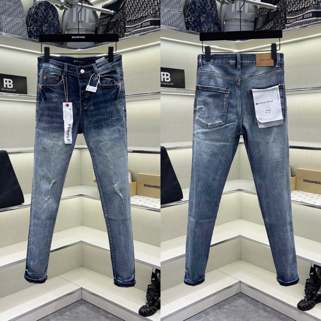 Quần jean bò nam Purple skinny xanh wash bạc cào rách nhẹ dập nhăn loang 3D ống mác lụa boy phố QJ601P