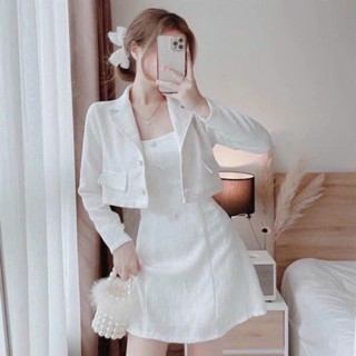 Set đầm váy linen cao cấp thời trang nữ màu trắng đính nút ngọc có mút ngực kèm áo khoác croptop xinh.