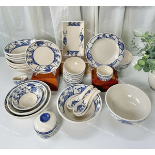 Bộ Chén Dĩa Tô Vẽ Cá Xanh Nhiều Hoạ Tiết Cao Cấp Cho 5 Người - Gốm Lái Thiêu Xưa Cho Người Hoài Niệm - Gốm Sứ Nam Bộ
