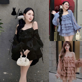 Bigsize Set váy 2 dây tầng thiết kế babydoll kèm áo khoác ngoài tay bồng 55-95kg