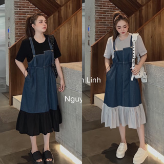 Bigsize Đầm suông phối yếm jeans liền 55-95kg