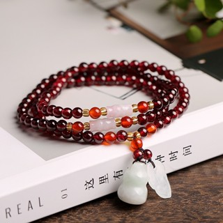 Chuỗi Vòng Đá Ngọ.c Hồng Lựu Garnet 4mm - Treo Hồ Lô Phật Di Lặc Lá - Vòng Tay Phong Thủy May Mắn Nữ 