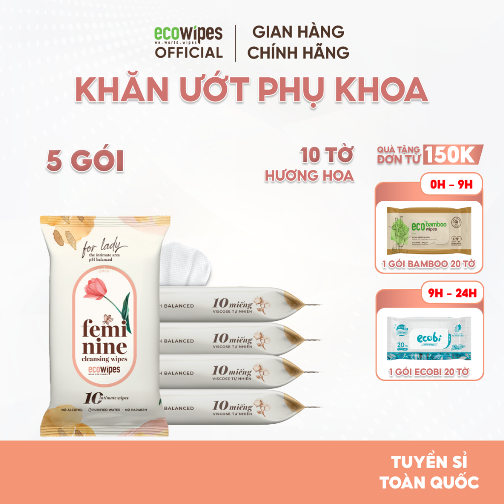 Combo 05 gói khăn ướt phụ khoa vệ sinh phụ nữ EcoWipes gói 10 tờ hương Daisy