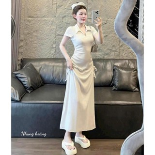 Đầm maxi thời trang nữ chất thun gân tay ngắn cổ sơ mi 2 bên dây rút eo váy đuôi cá dài thiết kế sang trọng