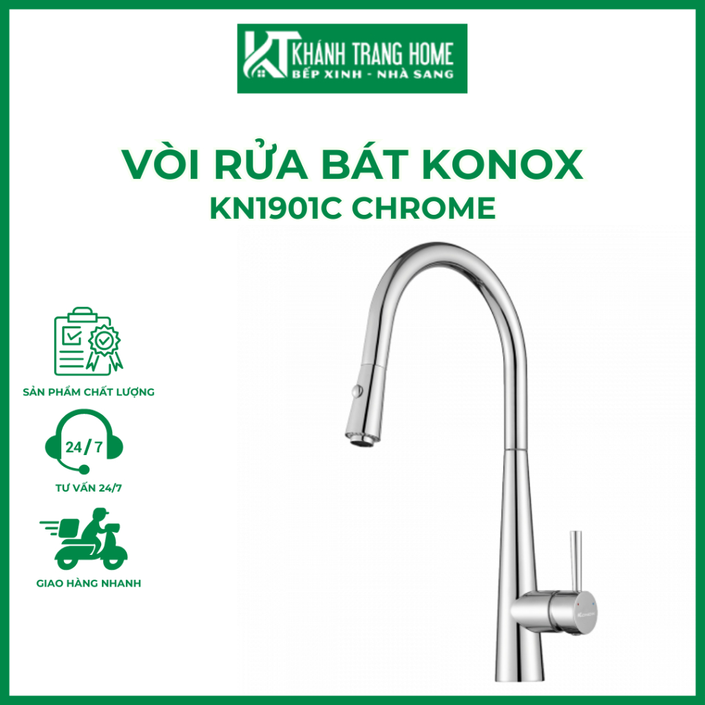 Vòi rửa chén bát rút dây KONOX KN1901C CHROME chức năng đầu phun 2 chế độ nước - Khánh Trang Home