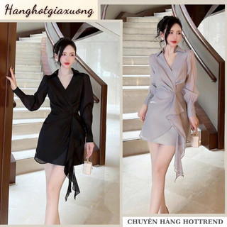  Váy nữ,đầm nữ cổ chéo xoắn eo dài tay cách điệu chân váy vạt chất tơ xốp mềm mịn phong cách tiểu thư siêu xinh HCOM2889 