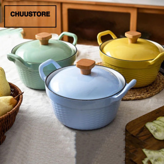 Nồi gang tráng men sâu lòng size 22cm núm gỗ Happiness kiểu dáng dáng Hàn Quốc