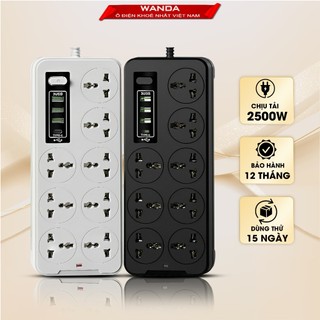 Ổ điện đa năng chính hãng WANDA 3 cổng USB 15v sạc nhanh, 1 type c, chống cháy, ổ chịu tải 2500W , nhựa pp,dây dài 2m8