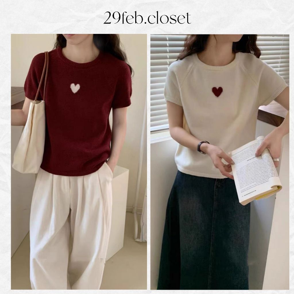 Áo Len Cổ Tròn Họa Tiết Trái Tim Nữ Tính Basic Phong Cách Hàn Quốc, Áo Len Nữ Mỏng Ngắn Tay - 29feb.closet - A464
