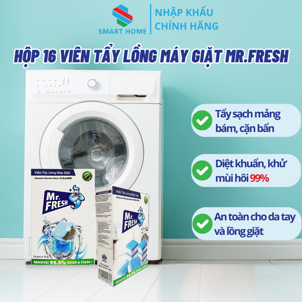 Hộp 16 Viên Tẩy Lồng Máy Giặt Mr.Fresh Loại Bỏ Cặn Bẩn - Viên Tẩy Lồng Giặt Diệt Khuẩn Khử Mùi Tốt