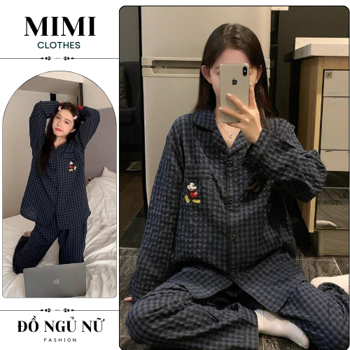 Đồ ngủ nữ pijama bộ mặc nhà dài tay phối màu kẻ xanh túi mickey siêu xinh MIMI CLOTHES hcom3070