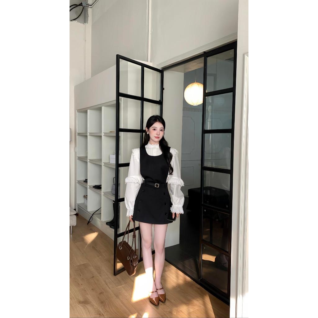 Set Tiểu Thư Áo Sơ Mi Phối Đầm Yếm Dáng Suông Kèm Belt SHINE Chất Liệu Cao Cấp, Tiểu Thư S112