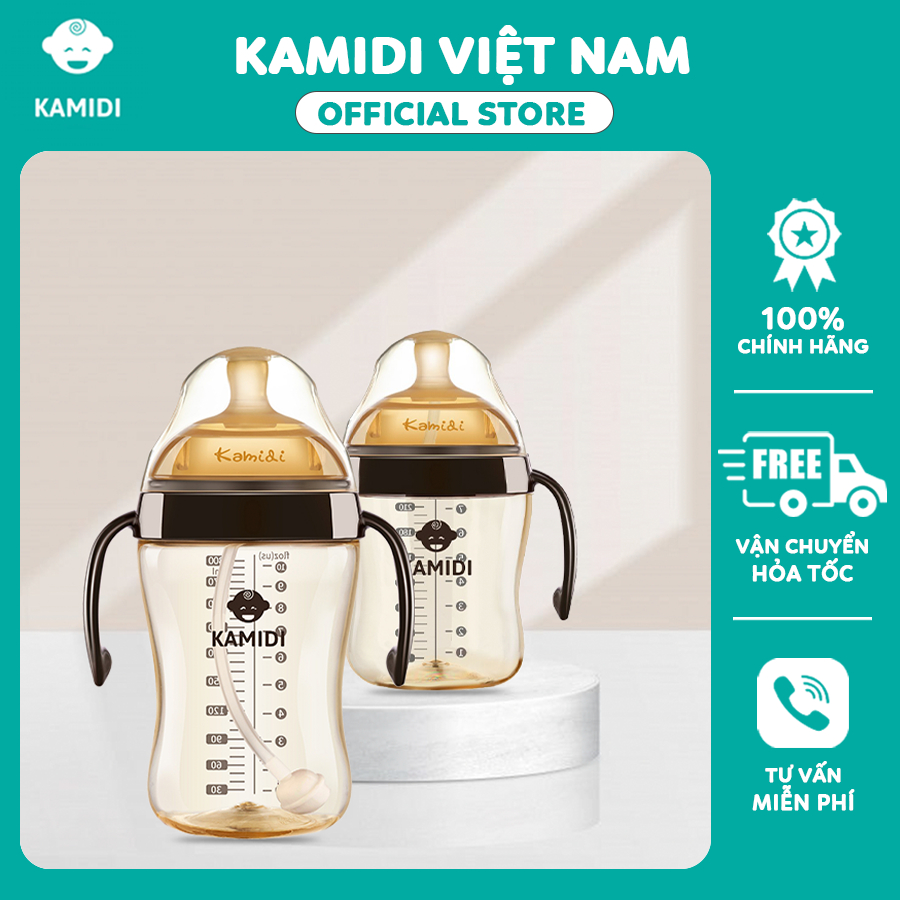 Bình sữa nhựa PPSU chính hãng Kamidi 210-300ml, có quai