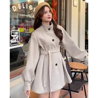 METWO. - Áo khoác dạ suông cổ cao 3p dáng dài tay bo bồng kèm đai belt thắt eo trơn basic dày dặn ulzzang tiểu thư QC 