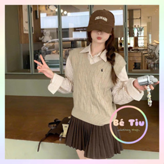 Áo Gile Len Dệt Kim, Áo Len Sát Nách Cổ Tim Phối Xoán Thừng Thêu Ngựa Phong Cách Vintage Màu Cơ Bản Dễ Phối Đồ | Bé Tiu