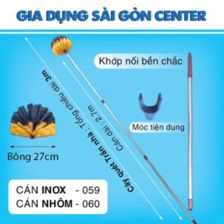Cây quét trần nhà, móc áo đa năng cán Inox và cán nhôm hàng dày đẹp PHÚC HƯNG PHÁT dài 3m bông 27cm.