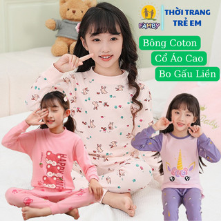 Bộ dài tay thu đông bé gái cổ cao FAMBY bộ quần áo giữ ấm cotton trẻ em size đại