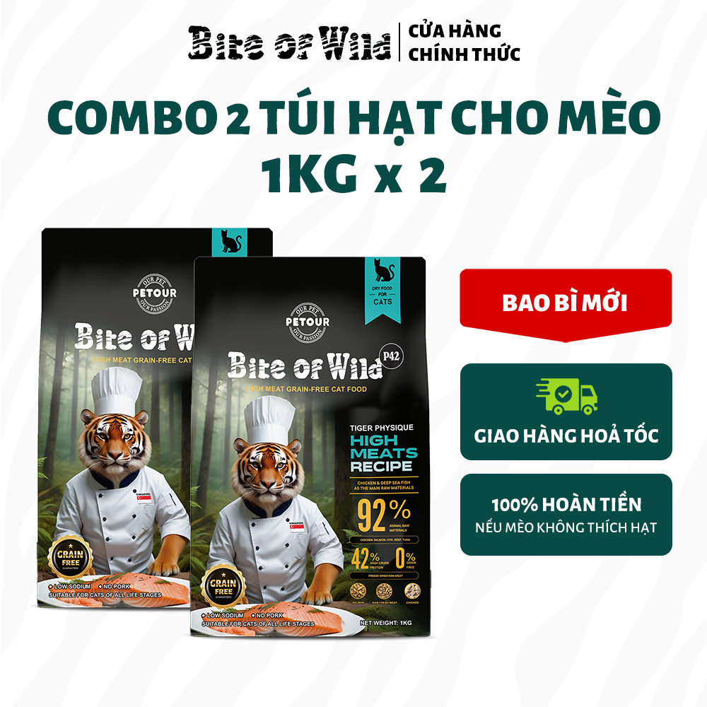 Combo 2 Túi Hạt Mèo Bite Of Wild 1KG, Không Chứa Ngũ Cốc, Mix Kèm Viên Cá Hồi/Thịt Tươi/Gà, Dành Cho Mèo Mọi Lứa Tuổi