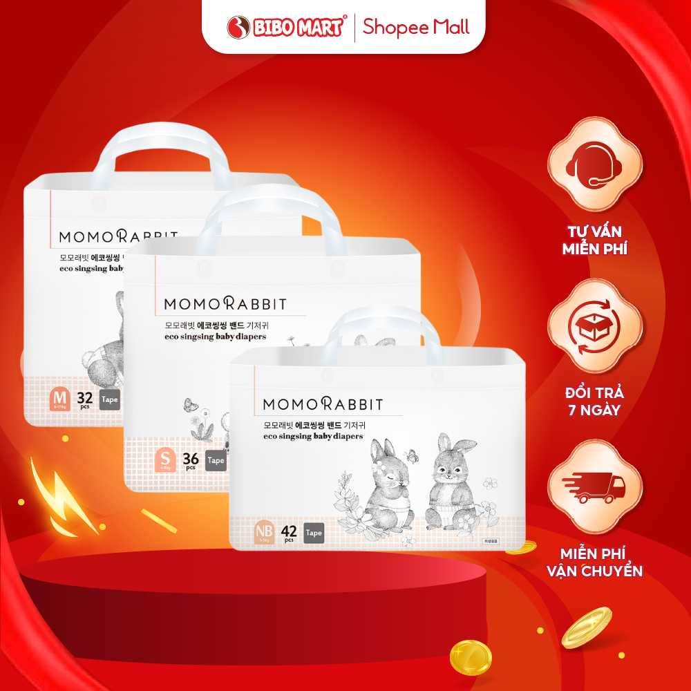  Bỉm Dán Momo Rabbit Baby Band Diapers An Toàn Mềm Mại Thấm Hút Nhanh Size NB42 S36 M32 - Bibomart 