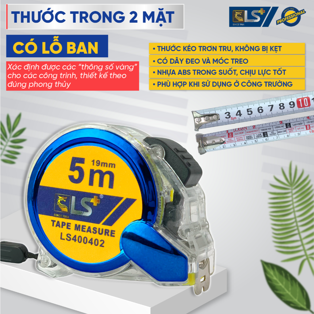 Thước Tự Động 2 mặt 5 mét LS (mặt trên số - mặt dưới lỗ ban)