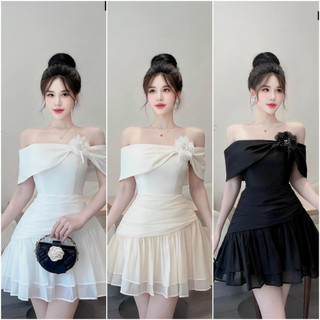 Đầm váy dự tiệc trễ vai xòe A bèo eo voan tơ45-65KG bigsize kèm bông 3D bẹt vai xếp ly đen váy trắng tiểu thư MIIAN