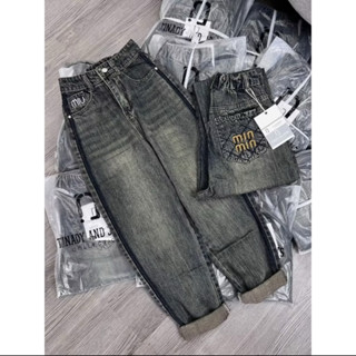 Quần Bò Jeans Nữ Ống Rộng Phối Lai Hách Dáng Logo MinMin dáng BAGGY, Quần Bò Denim Ống Rộng Suông Cạp Chun Basic