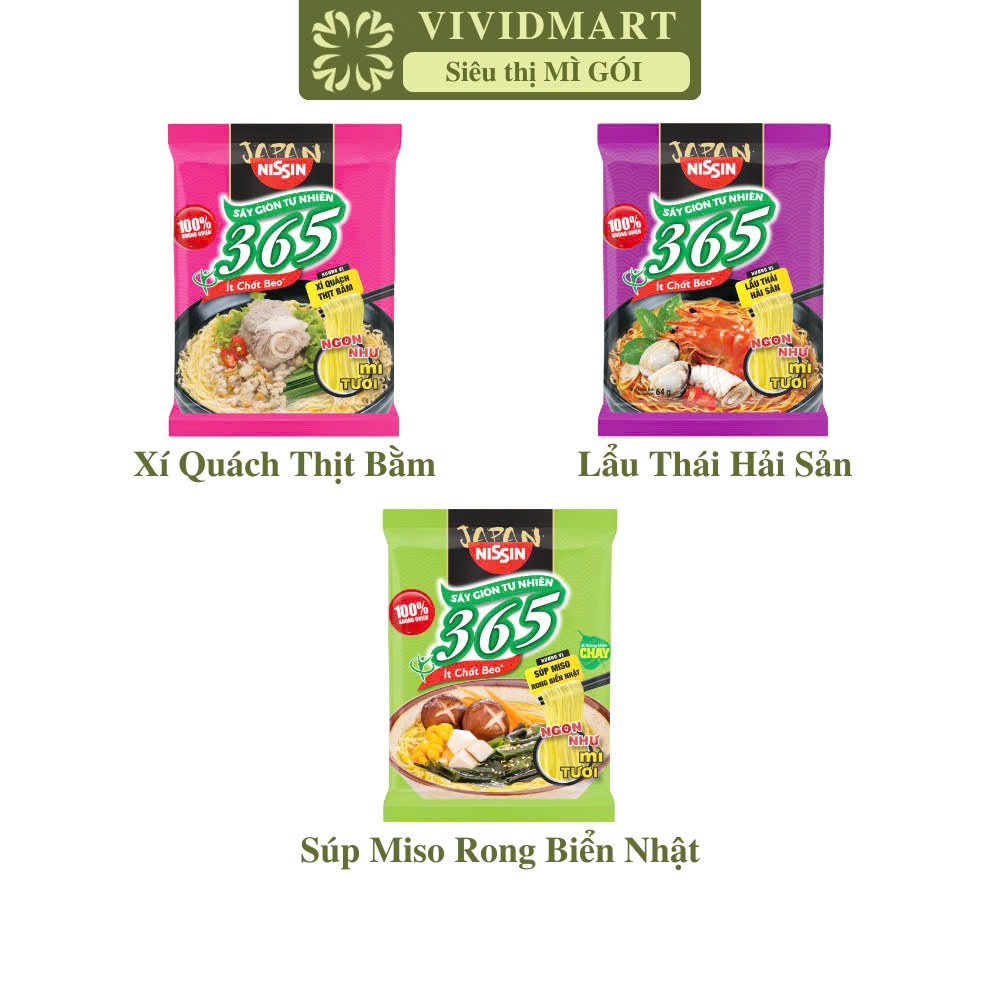 [GÓI LẺ] - NISSIN - Mì 365 có 3 vị: Xí Quách Thịt Bằm, Lẩu Thái Hải Sản, Súp Miso Rong Biển Nhật (64g-68g/gói)