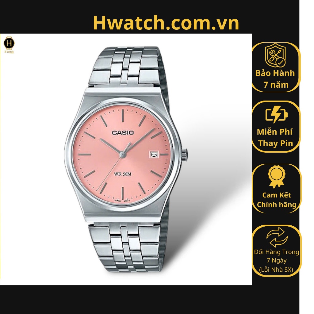 [Có sẵn] [Chính hãng]  Đồng Hồ Nam Casio Pin MTP-B145D-4AVDF Dây Thép Vỏ Trắng Mặt Hồng Pastel Hwatc