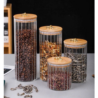  Lọ thuỷ tinh nắp gỗ kiểu sọc nắp khoen vintage hũ thuỷ tinh tròn nắp gỗ đựng gia vị thực phẩm 