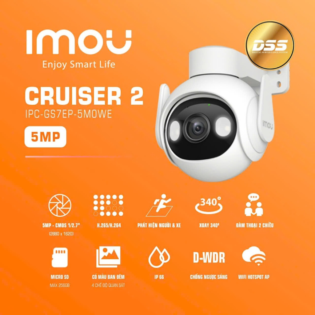 Camera Wifi IMOU CRUISER 2 - GS7EP 5MP- GS7EP 3MP 3K Siêu Nét, Nhận Diện AI Chính Xác, Chính Hãng