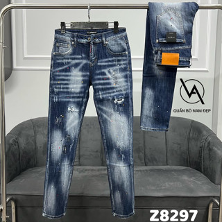 Quần DSQ2 Jean Xanh Trơn Học Sinh Vẩy Sơn 4 Khuy Quần Bò DSQUARED Vẩy Sơn Xanh Sáng Chất Co Giãn Phối Loang Hè Chất