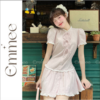  Emmee - Rosie dress - Váy babydoll kẻ hồng thiết kế đính nơ cổ bèo tay bồng hot trend 