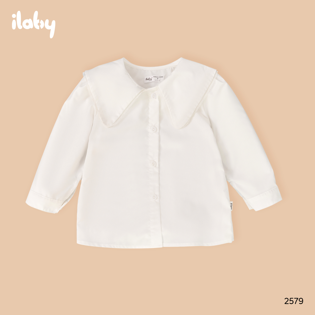Áo sơ mi bé gái ILABY áo sơ mi trắng đi học dài tay cổ kiểu cổ lá phối ren chất cotton thô [2579]