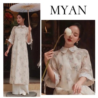 [ XẢ KHO ] Áo dài cách tân cổ bẻ tay loe gắn nơ KHÁNH YÊN, tơ thô in thêu tay cao cấp - Áo Dài Mỹ An