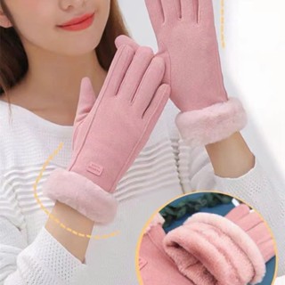  Găng tay len da lộn lót nhung hai lớp nữ LAGU bao tay len ngón tay chạm màn hình cảm ứng dày giữ ấm chống nắng 