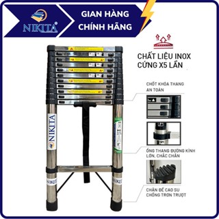 Thang NIKITA INOX rút đơn xếp gọn 2,6m - 5.9m gấp gọn Nhập Khẩu - chịu lực tới 150kg