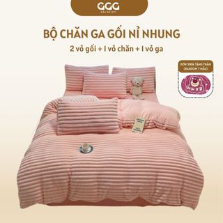  Bộ Chăn Ga Gối 4 Món Chất Nỉ Nhung Lông Cừu Gấu Ga Gối Set Chăn Ga Rãnh Sọc Đơn Giản Dày Dặn 