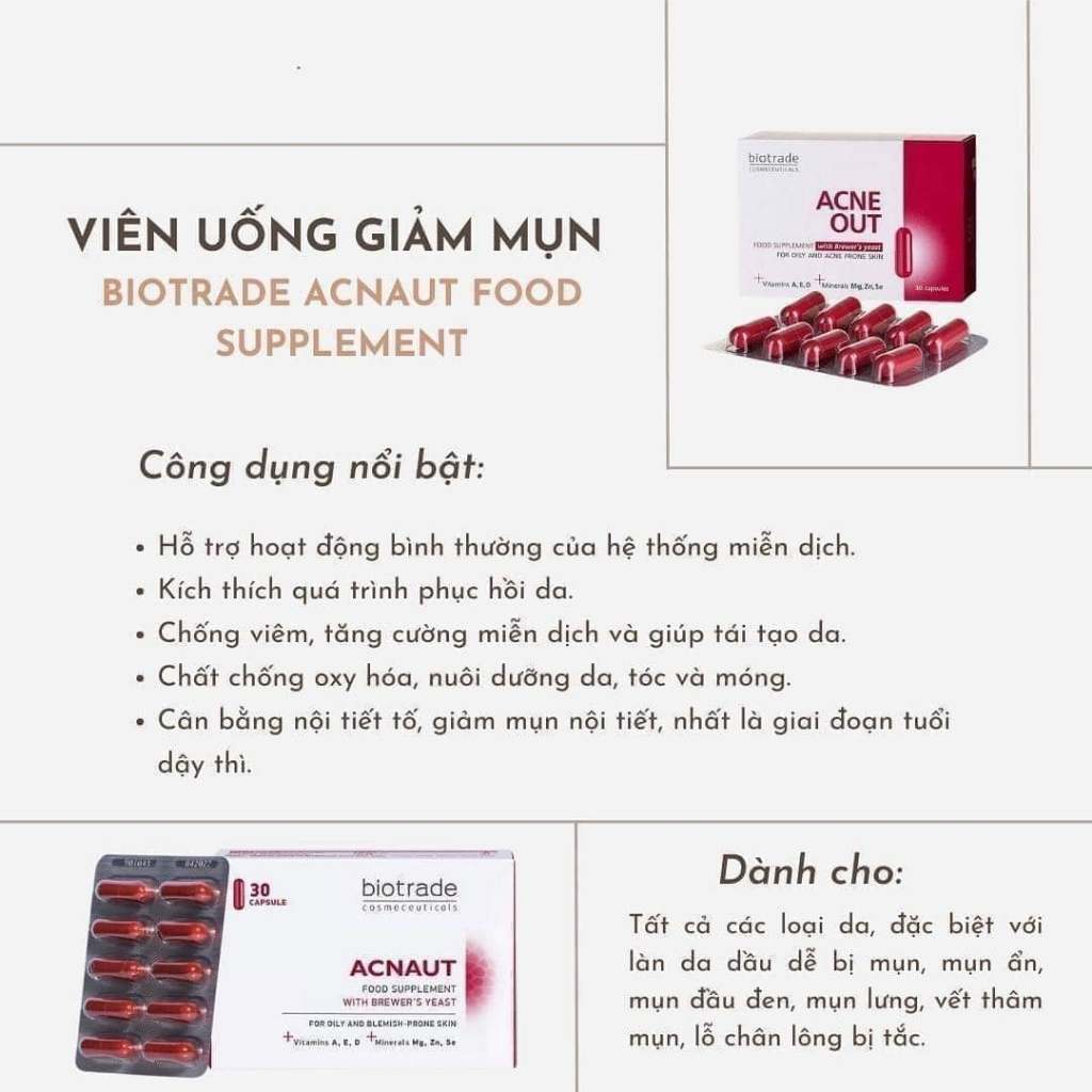 Viên Uống Giảm Mụn Biotrade Acnaut Food Supplement Kiềm Giảm Dầu Hộp 30V
