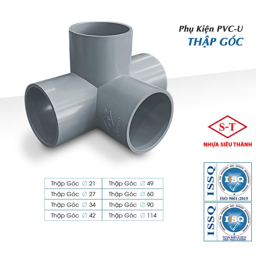 [1 bịch] Chữ thập góc PVC, co góc 4 nhánh phi 21,27,34,42,49,60,90 Siêu Thành, phụ kiện ống nước PVC